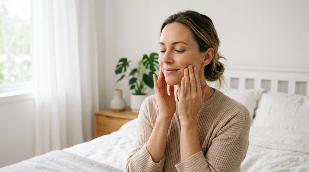 Close-up portrait of a calm woman performing facial massage