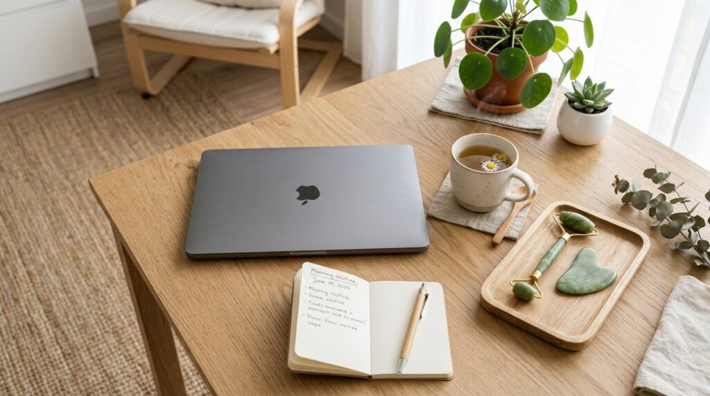 Overhead flat lay shot of a Scandinavian-style bedroom or li
