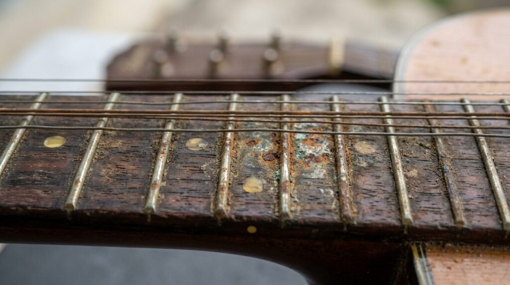 Detailed close-up photograph of guitar fretboard showing rus