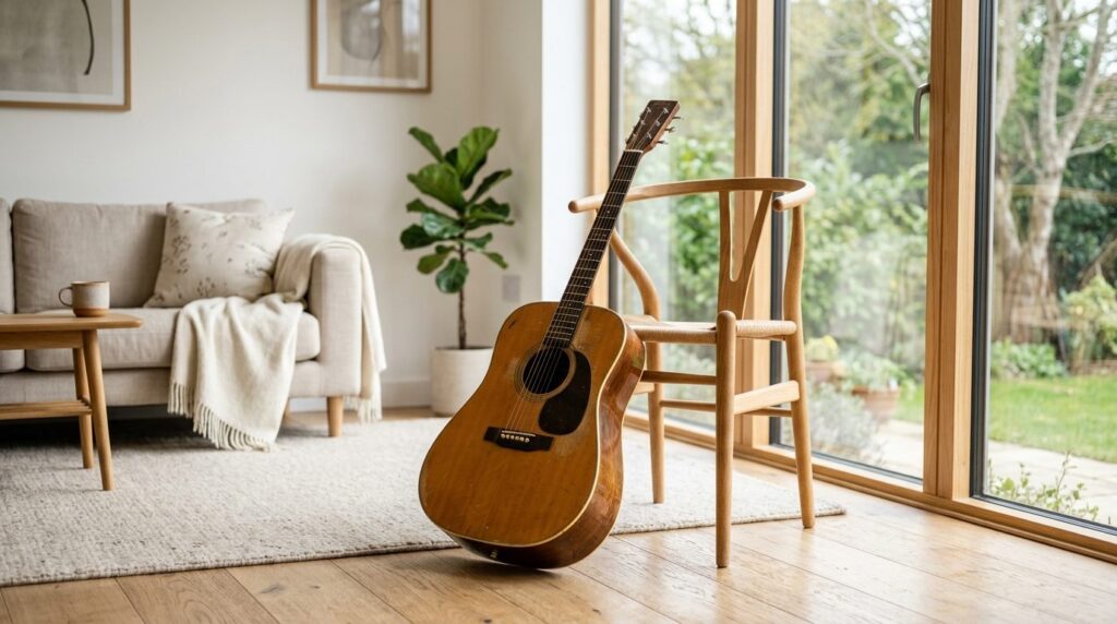 Cozy modern home interior scene with a used acoustic guitar