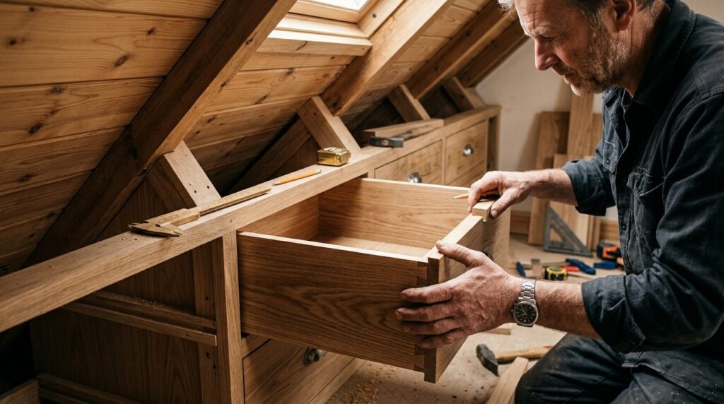 Close-up detail shot of a craftsman carpenter installing cus
