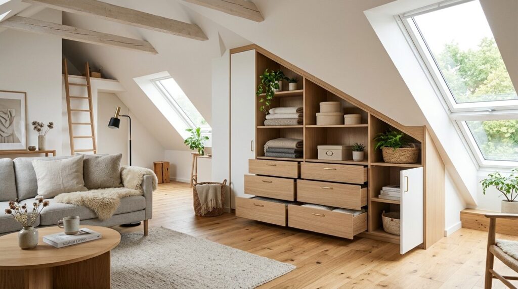 Bright Scandinavian living room with integrated eaves storag