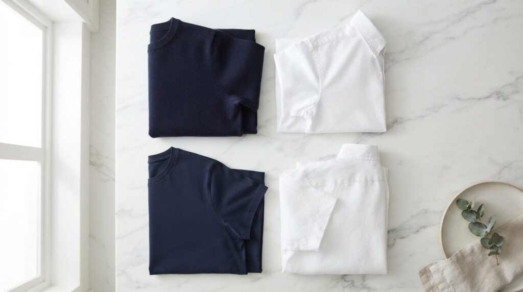 Overhead flat lay of premium quality dark navy and white clo
