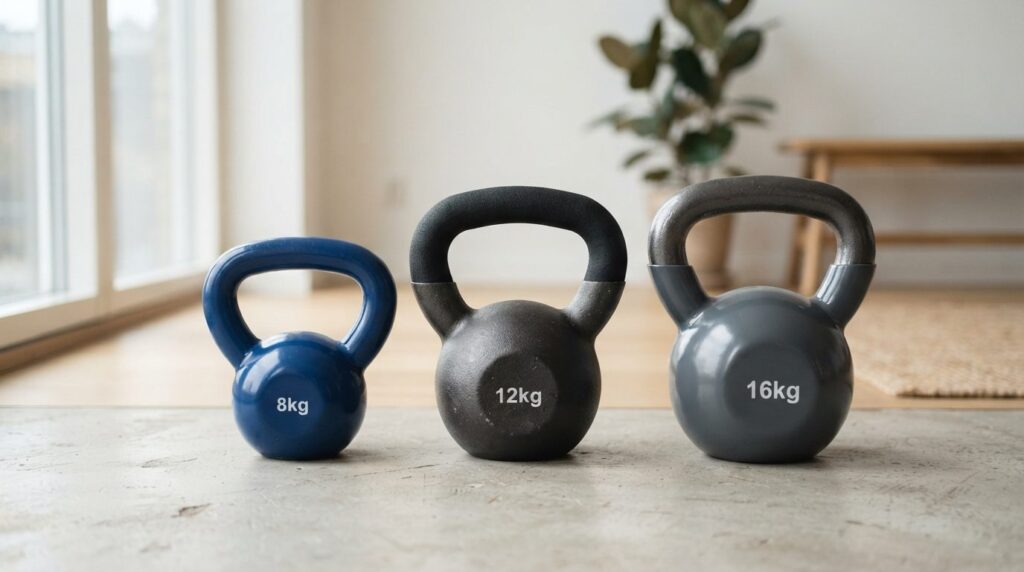 Close-up product shot of three kettlebells of different weig