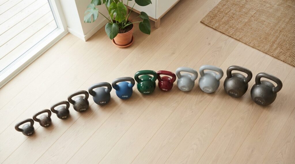 Flat lay photograph of kettlebell selection guide showing mu