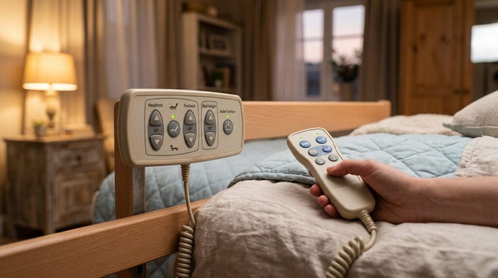 Close-up detail shot of an adjustable care beds control pan