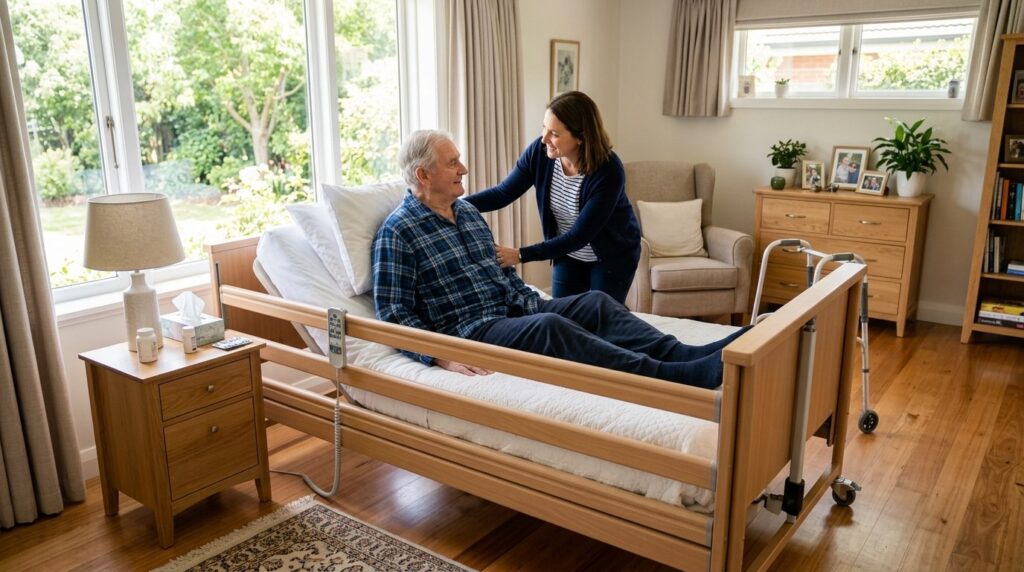 Wide shot of a family caregiver helping an elderly person si