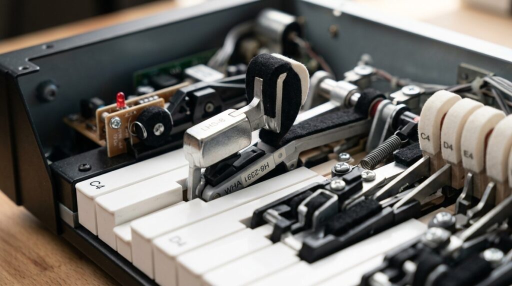 Close-up detail shot of weighted piano keys mechanism showin