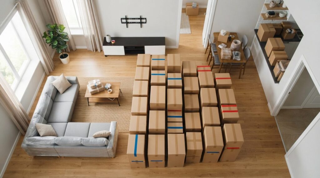 Overhead view of a family apartment with cardboard moving bo