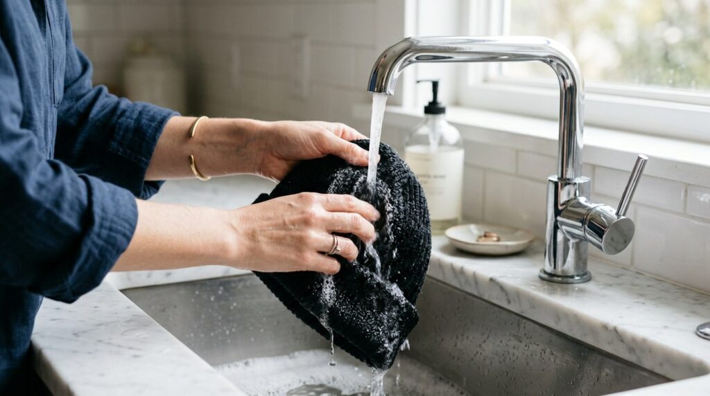 Close-up detail shot of delicate hands carefully rinsing a b
