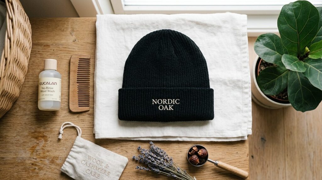 Flat lay overhead view of a freshly washed black beanie with