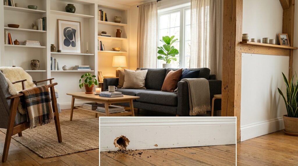Realistic photograph of a cozy, well-decorated Scandinavian 