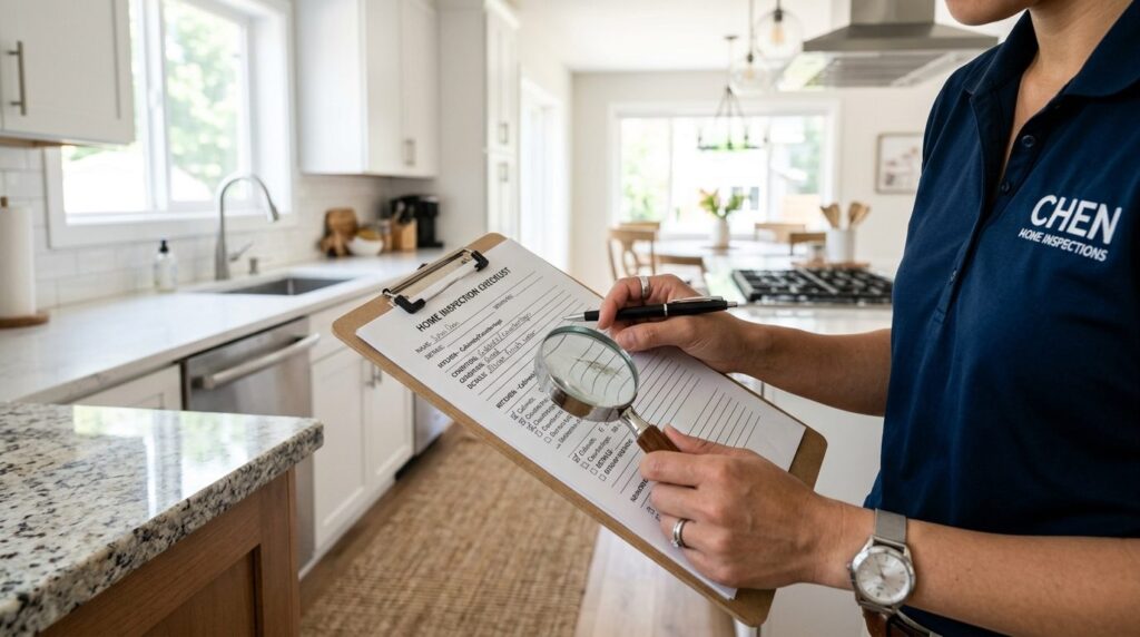 Close-up of hands holding a checklist while inspecting a res