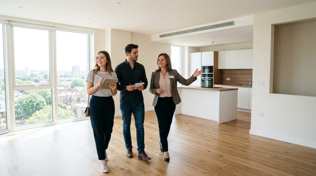Young couple walking through empty apartment with real estat