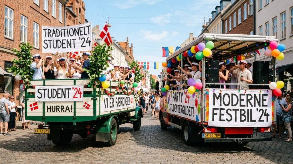 Traditionel åben studenterbus med siddepladser designet til studenteraktiviteter.